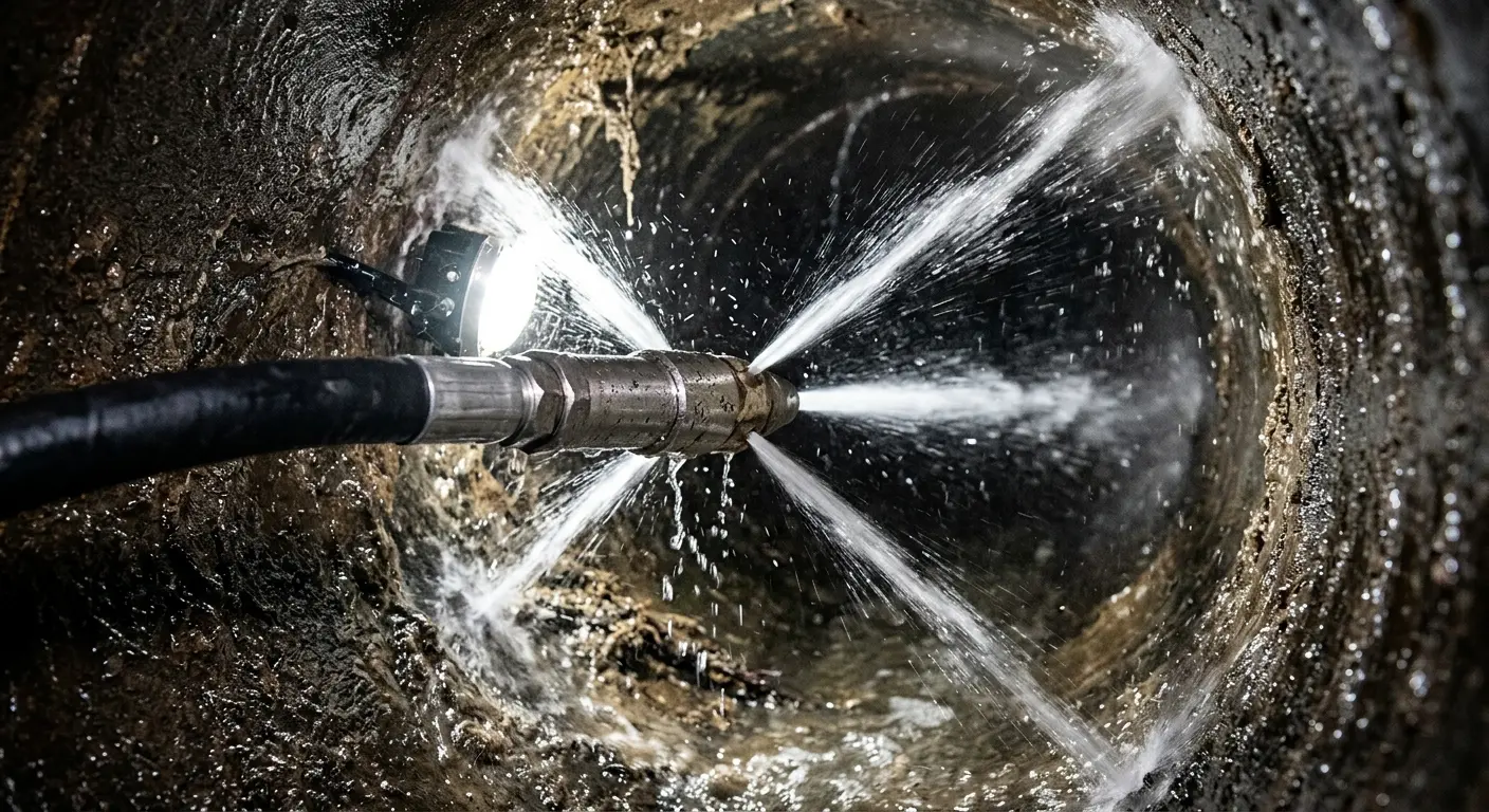 High-pressure hydro jetting nozzle cleaning sewer pipe for Sewer Cleanout in Jupiter Farms