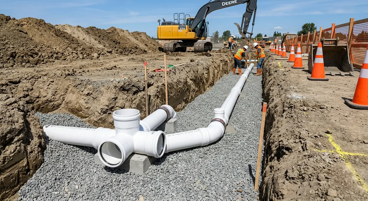 New PVC sewer pipe installation in open trench for Commercial Drain Cleaning in Jupiter Farms