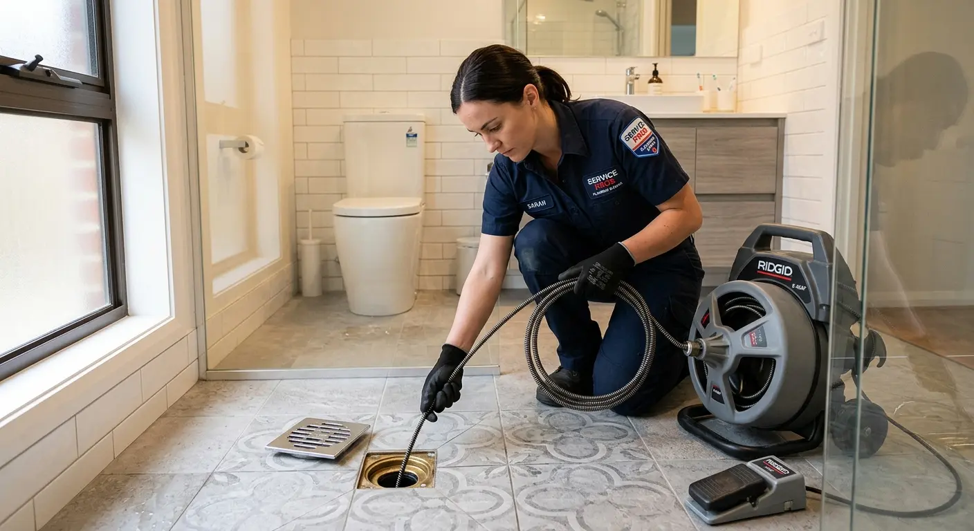 Technician clearing a bathroom floor drain for Clogged Drain Repair in Jupiter Farms
